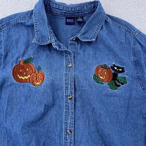 Halloween Pumpkin Cat Denim‎ Shirt Womens 2X Button Up Long Sleeve Embroidered